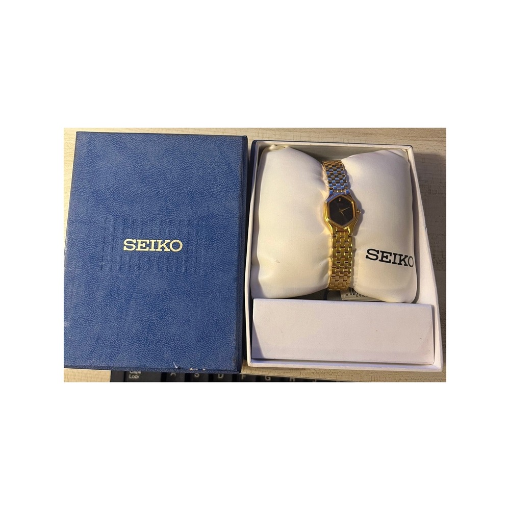Seiko Vintage Gold Tone Hexagon Watch Black Dial Curved Hardlex New Elegant